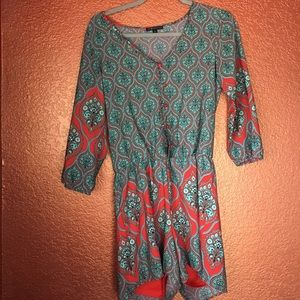 Turquoise and Orange Pattern Button Up Romper